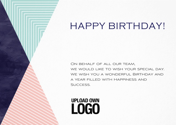Corporate Birthday greeting card in landscape with small rosa, blu and dark triangle elements.
