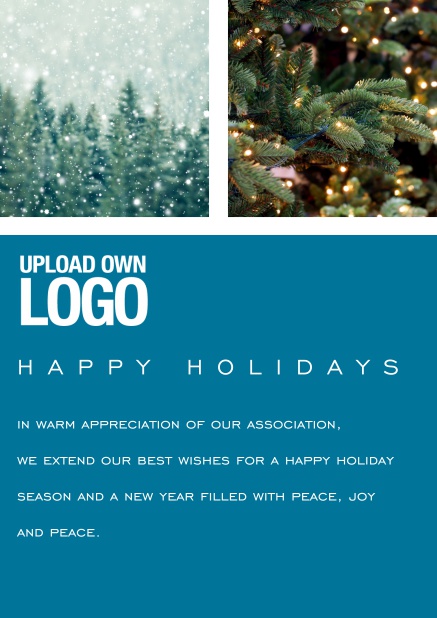 Online Happy Holiday card with snowy forest and Christmas tree images to use. Blue.