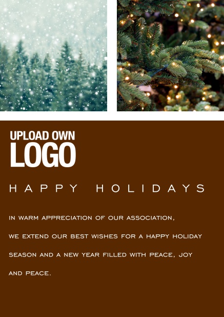 Online Happy Holiday card with snowy forest and Christmas tree images to use. Brown.