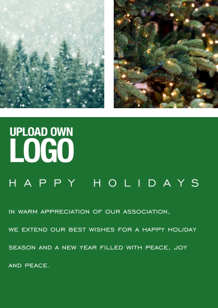 Online Happy Holiday card with snowy forest and Christmas tree images to use. Green.
