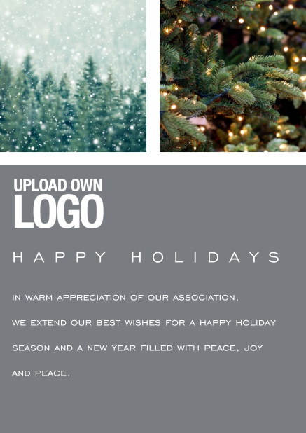 Online Happy Holiday card with snowy forest and Christmas tree images to use. Grey.