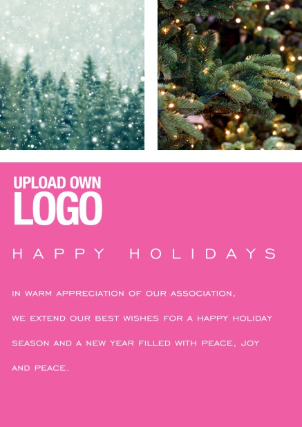 Online Happy Holiday card with snowy forest and Christmas tree images to use. Pink.