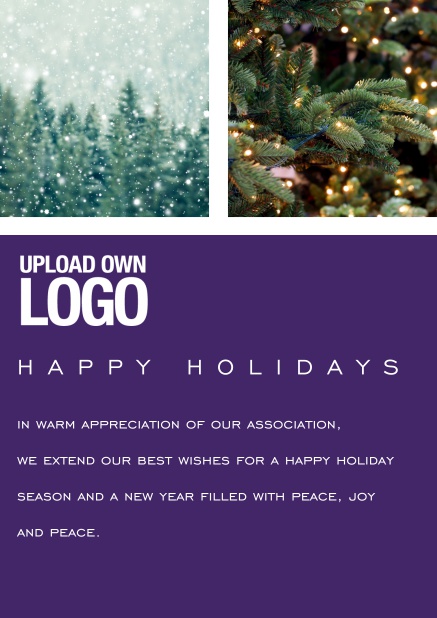 Online Happy Holiday card with snowy forest and Christmas tree images to use. Purple.