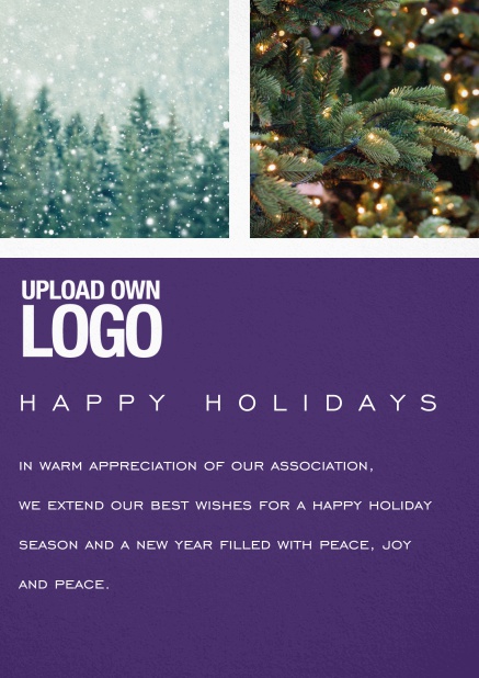 Happy Holiday card with snowy forest and Christmas tree images to use. Purple.