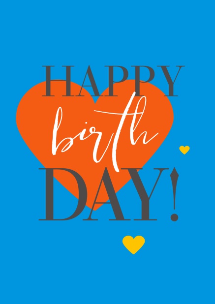 Online Happy Birthday Grusskarte mit großem orangenem Herzen. Blau.