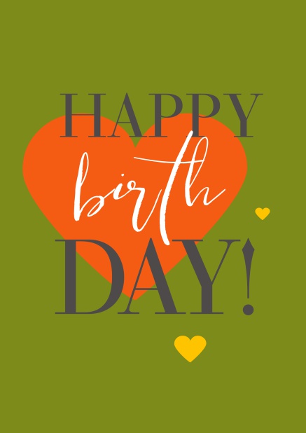 Online Happy Birthday Grusskarte mit großem orangenem Herzen. Grün.