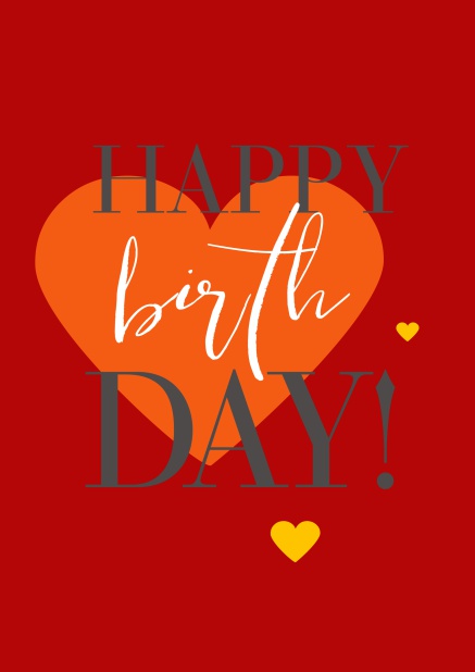 Online Happy Birthday Grusskarte mit großem orangenem Herzen. Rot.