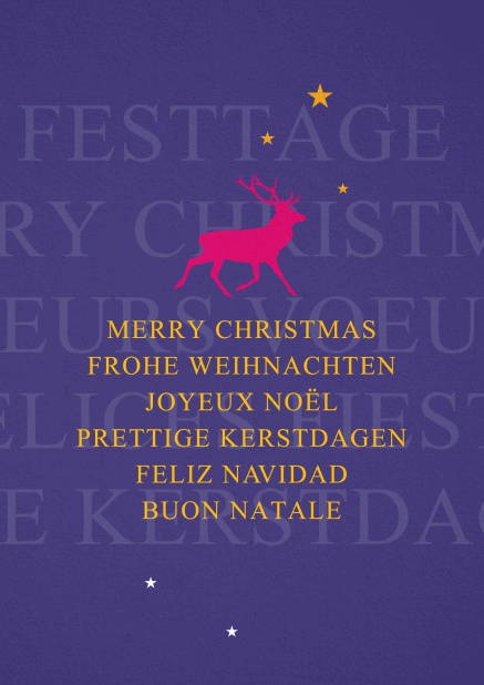 Lila Weihnachtskarte mit pinkem Rentier und Frohe Weihnachten Text in mehreren Sprachen.