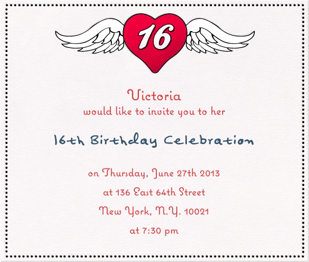 Weisse Geburtstageinladungskarte zum 16. Geburtstag mit Herz mit Flügeln.
