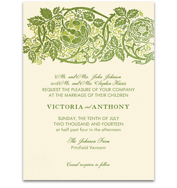 Beige Formal Wedding Invitation with Green forest border and green font.