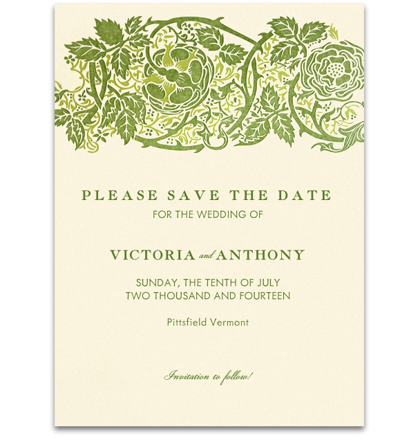 Beige Formal Wedding Save the Date online designed by Pink Orange with Green forest border and green font.
