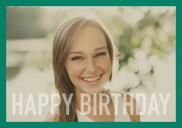 Paper card with white framed photo and Happy Birthday text and Birthday wishes text on 2nd page. Green.