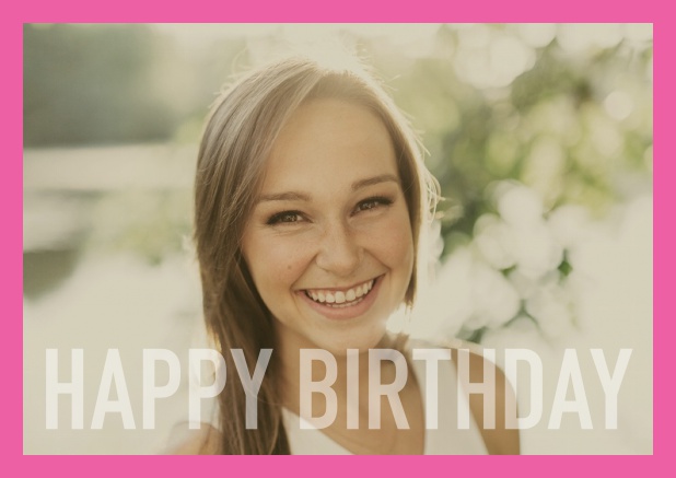 Online card with white framed photo and Happy Birthday text and Birthday wishes text on 2nd page. Pink.