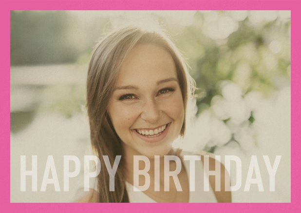 Paper card with white framed photo and Happy Birthday text and Birthday wishes text on 2nd page. Pink.