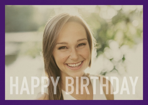 Paper card with white framed photo and Happy Birthday text and Birthday wishes text on 2nd page. Purple.
