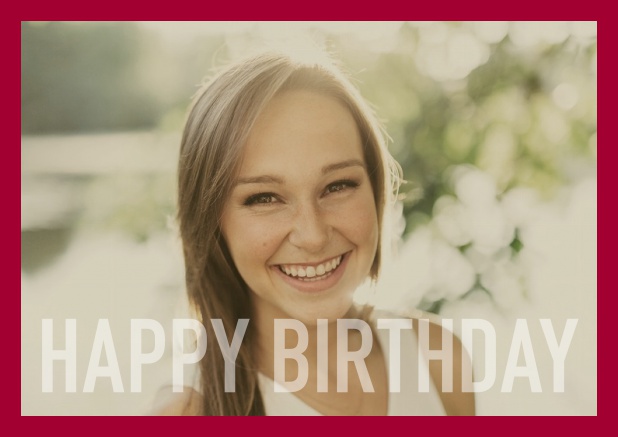 Online card with white framed photo and Happy Birthday text and Birthday wishes text on 2nd page. Red.