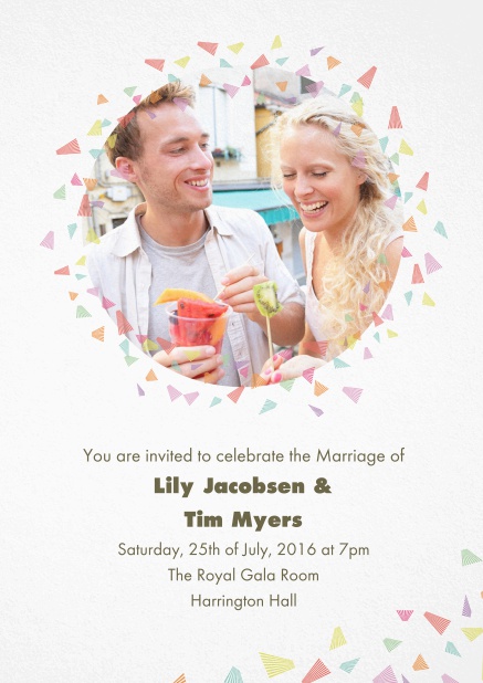 Wedding invitation card with photo and colorful deco.