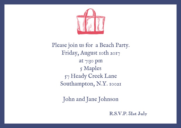 Online Invitation card with beach bag and matching colorful frame.