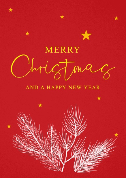Rote Weihnachtskarte mit illustrierten weißen Zweigen mit goldenem Stern
