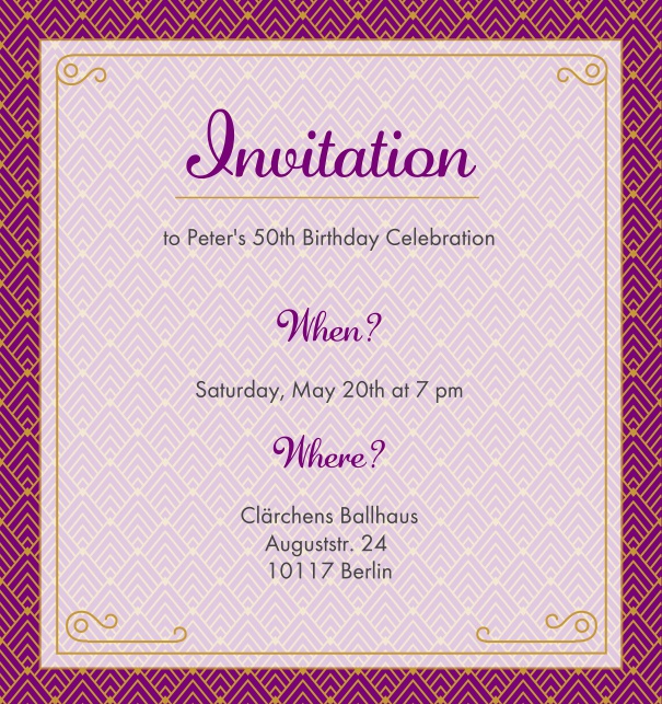 Online Invitation card with golden Art Deco design shining through the text section. Purple.