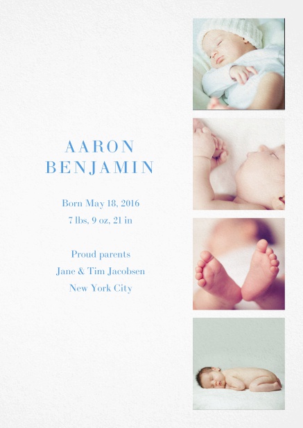 Fotokarte für Geburtsanzeige mit Fotofeld für vier Fotos und veränderbarem Textfeld links. Blau.
