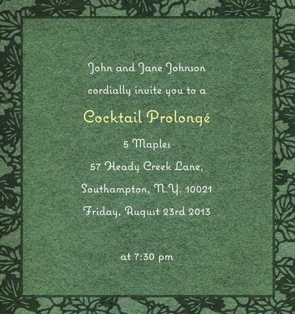 Grüne Einladungskarte in Hochkantformatformat mit grünem Rand und Blumendekoration.
