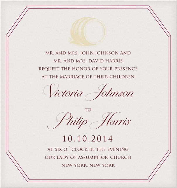 Online Einladungskarte zur Hochzeit mit rosafarbenem Rahmen und gelbem Fass.