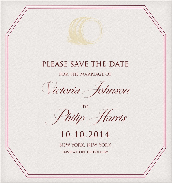 Online Save the Date Karte zur Hochzeitfeier mit rosa Rahmen und gelbem Fass-Symbol.