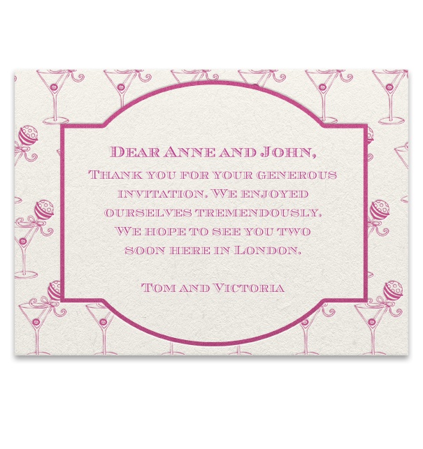 Online birth announcement card with pink cocktail glasses and frame.
