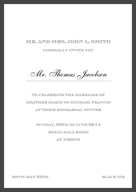 Invitation card with golden border including a dotted line for name of recipient. Black.