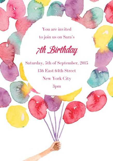 Online Birth announcement or Birthday invitation card with a bunch of balloons.