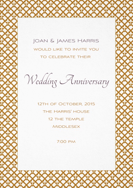 Wedding invitation card with golden art nouveau style frame and editable text.