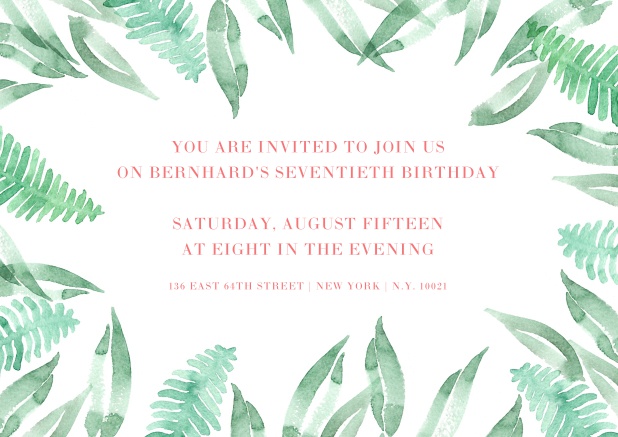Online invitation framed with green leaves for 70th birtday.