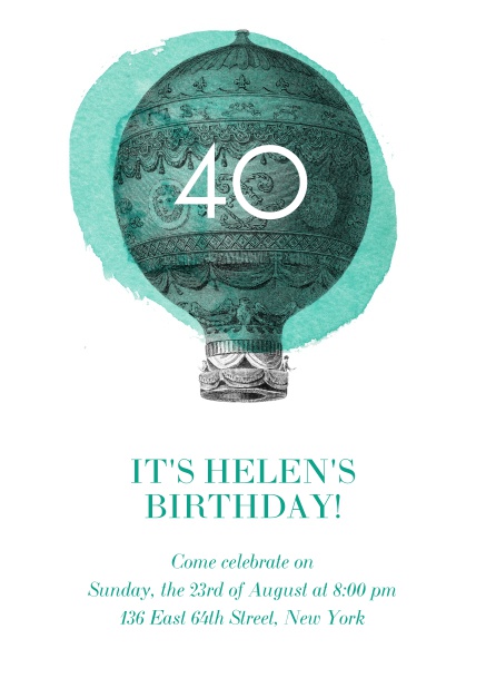 Online 40th Birthday invitation card with a hot air balloon and editable text.