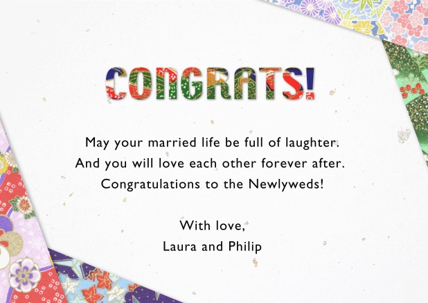 Paper congratulations card with flower deco in the corners.