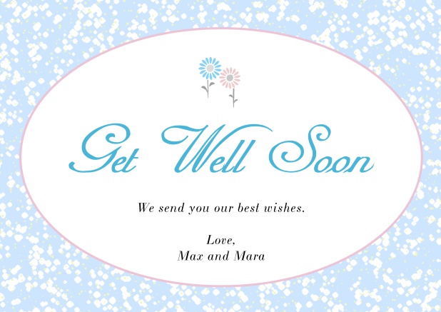 Online Get well soon card with oval frame out of flowers. Blue.