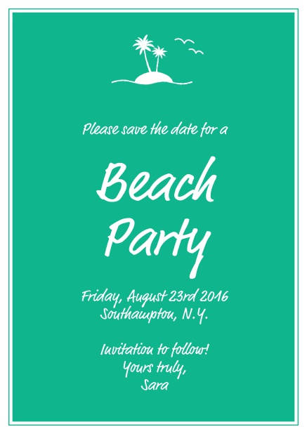 Online save the date card with small island illusatration with palm trees.