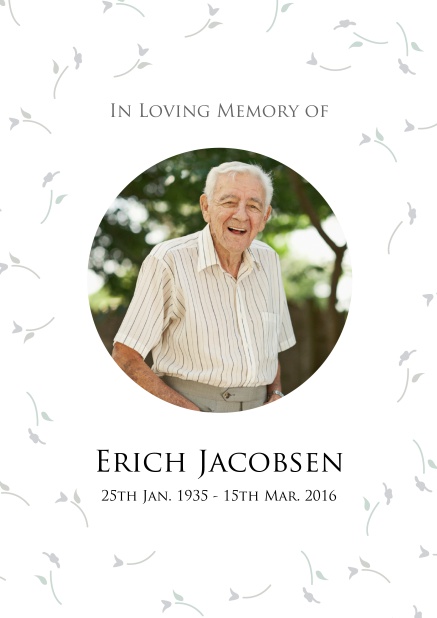 Online Memorial invitation card for celebrating a love one with oval photo and flowers. Grey.