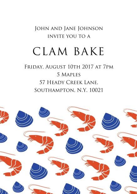 Perfect clam bake Online invitation card with lobsters and clams