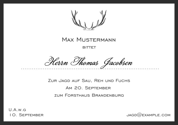 Online Classic hunting invitation card with strong antlers and a fine border in various colors. Black.