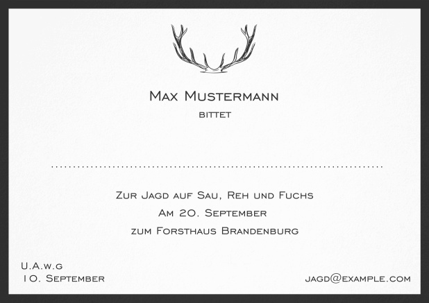 Classic hunting invitation card with strong antlers and a fine border in various colors. Black.