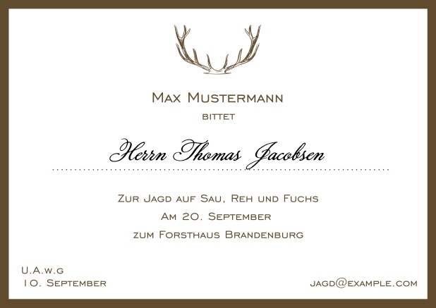 Online Classic hunting invitation card with strong antlers and a fine border in various colors. Brown.