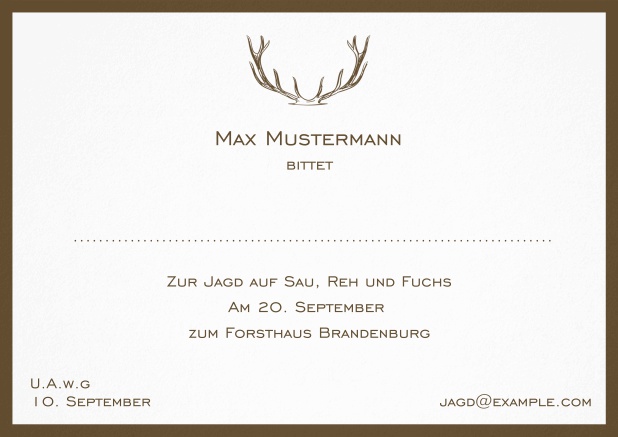 Classic hunting invitation card with strong antlers and a fine border in various colors. Brown.