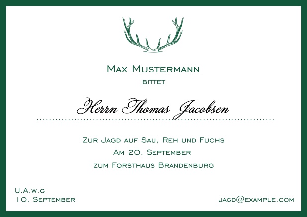 Online Classic hunting invitation card with strong antlers and a fine border in various colors. Green.
