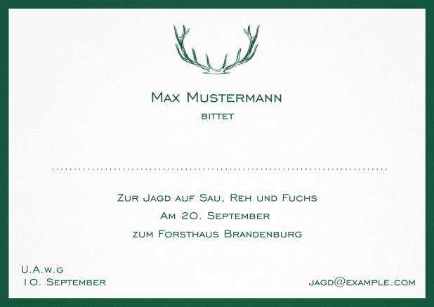 Classic hunting invitation card with strong antlers and a fine border in various colors. Green.