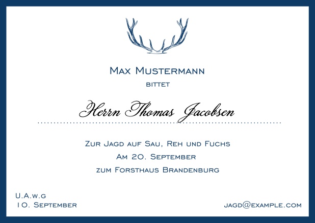 Online Classic hunting invitation card with strong antlers and a fine border in various colors. Navy.