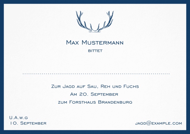Classic hunting invitation card with strong antlers and a fine border in various colors. Navy.