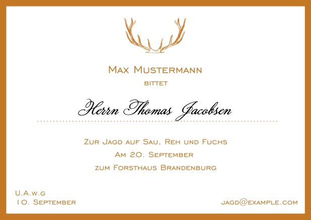 Online Classic hunting invitation card with strong antlers and a fine border in various colors. Orange.