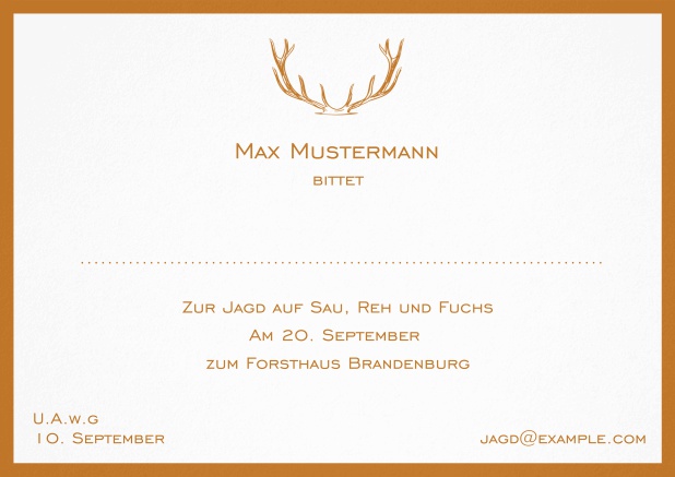 Classic hunting invitation card with strong antlers and a fine border in various colors. Orange.
