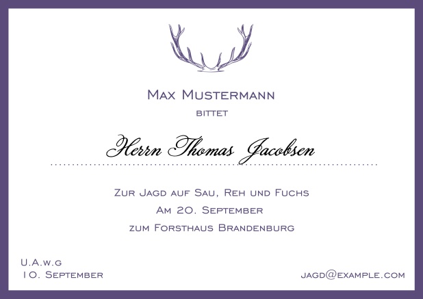 Online Classic hunting invitation card with strong antlers and a fine border in various colors. Purple.